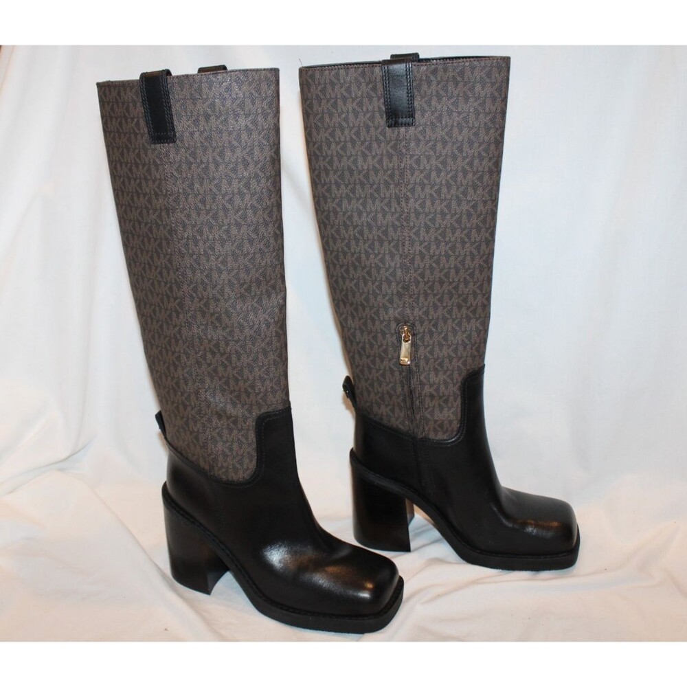 Michael Kors Women's Houston Logo Leather Heel Tall Boot Black Brown SZ 8